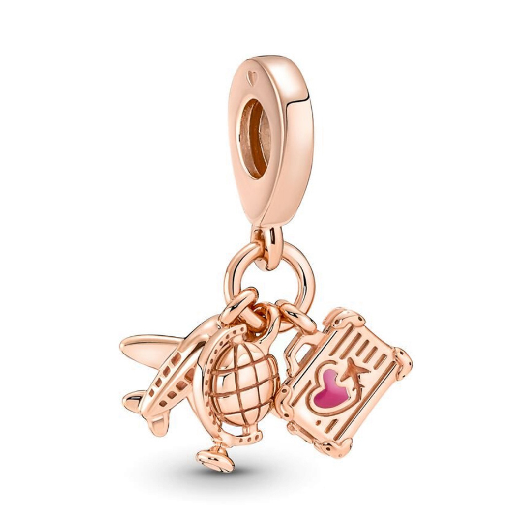 Rose Gold Plane, Globe and Suitcase Triple Dangle Charm