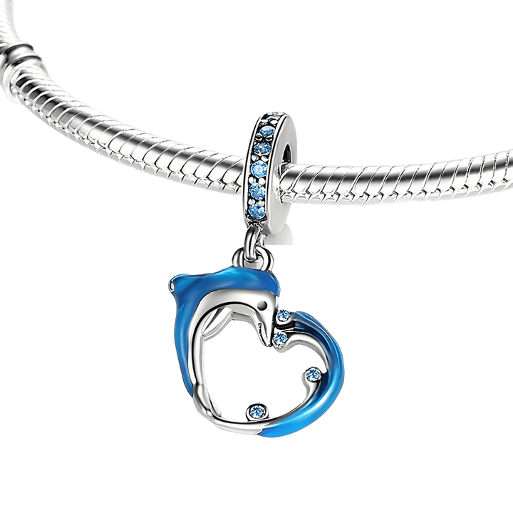 Heart Shaped Dolphin And Wave Dangle Charm